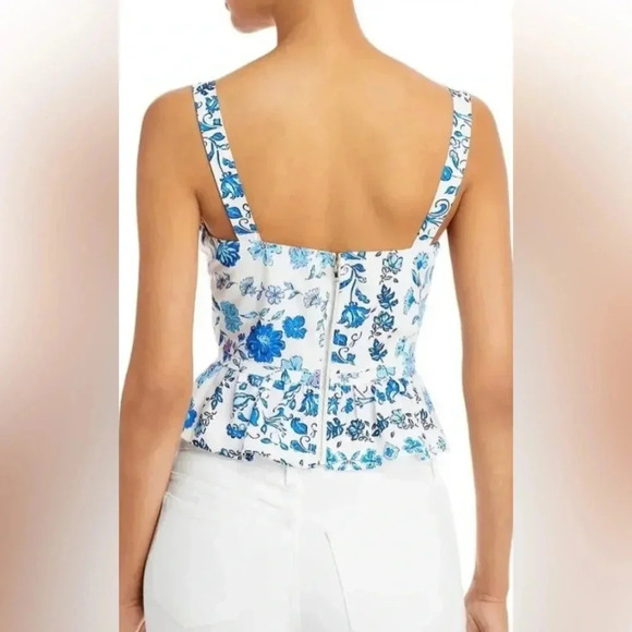 Aqua floral print sweetheart neck blue white peplum exposed zipper back top - Picture 2 of 16